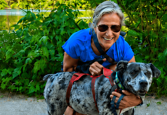 Suzy smiling outdoors with a client dog